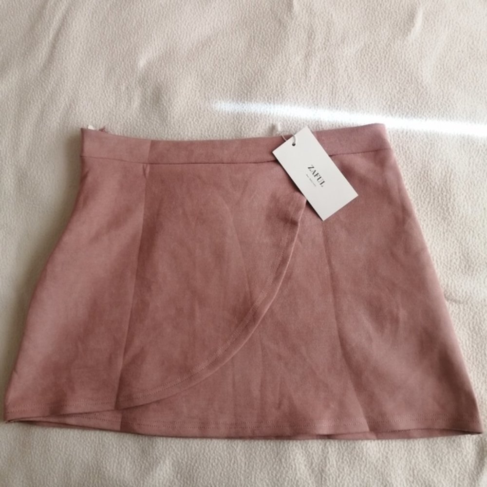 Zaful Suede Blush Pink Wrap Front Flap Mini Skirt